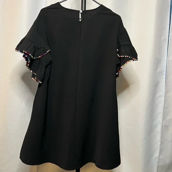 Very J Black Shift Dress with Rainbow Pom Pom Ruffle Sleeves Small - Picture 2 of 11